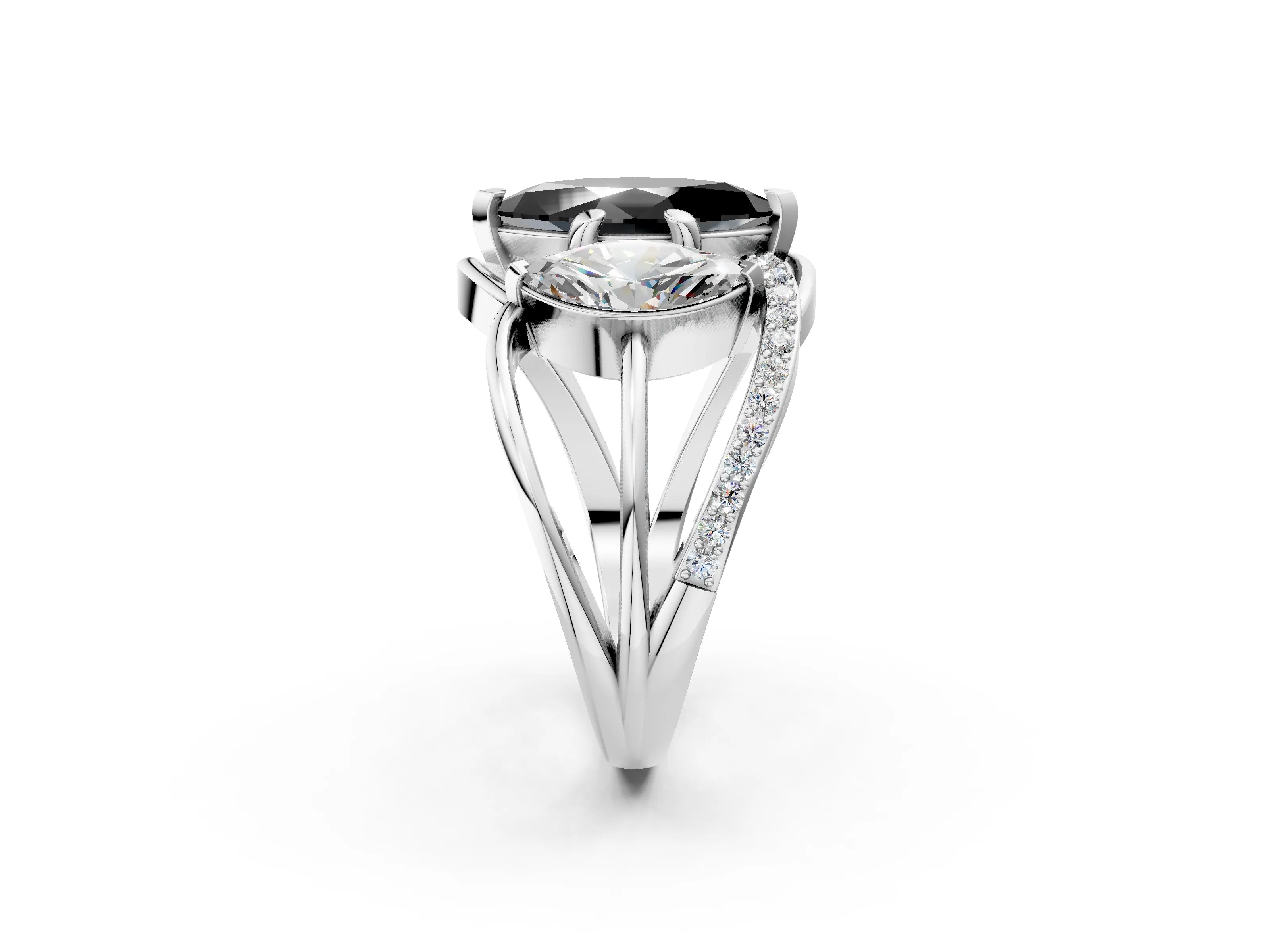 White gold Three-Stone Fancy Black Marquise Cut Cut Diamond Split Shank Prong Set Ring_2