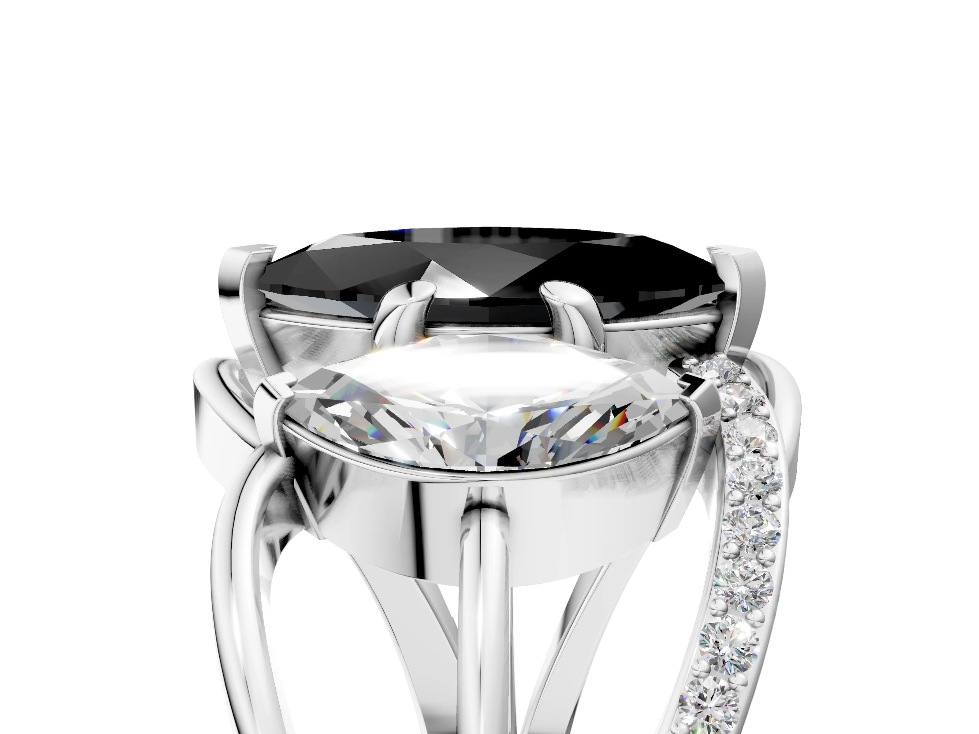 White gold Three-Stone Fancy Black Marquise Cut Cut Diamond Split Shank Prong Set Ring_5