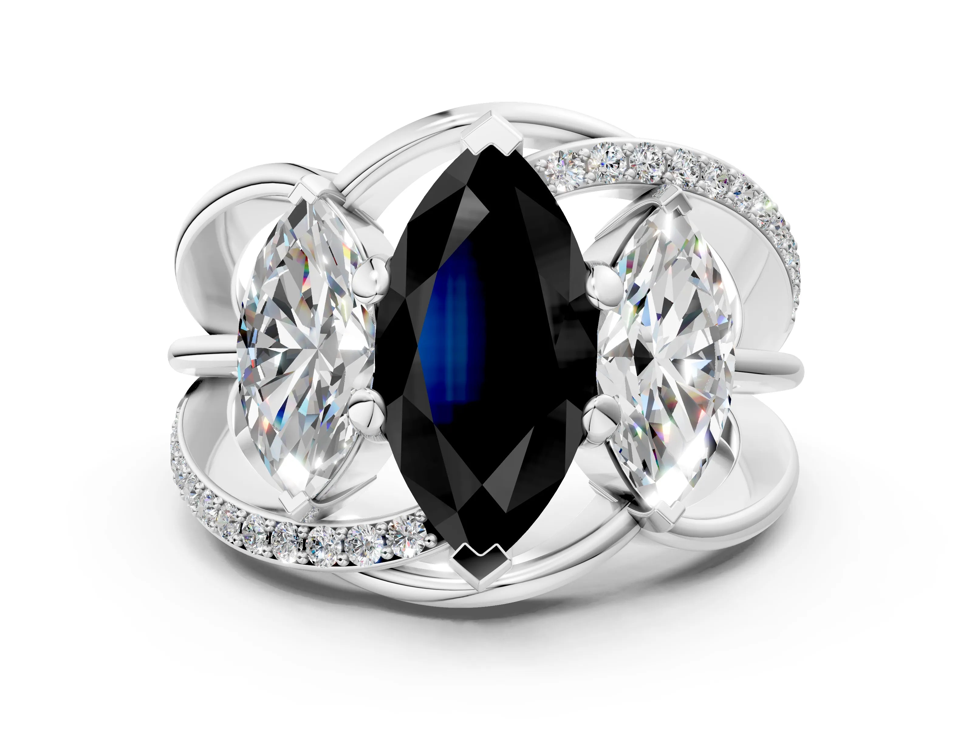 White gold Three-Stone Fancy Black Marquise Cut Cut Diamond Split Shank Prong Set Ring