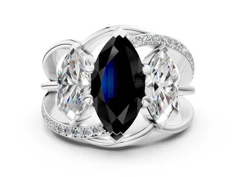 White gold Three-Stone Fancy Black Marquise Cut Cut Diamond Split Shank Prong Set Ring