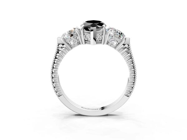 White Gold Marquise Vintage Three Stone Engagement Ring Setting for Black Center