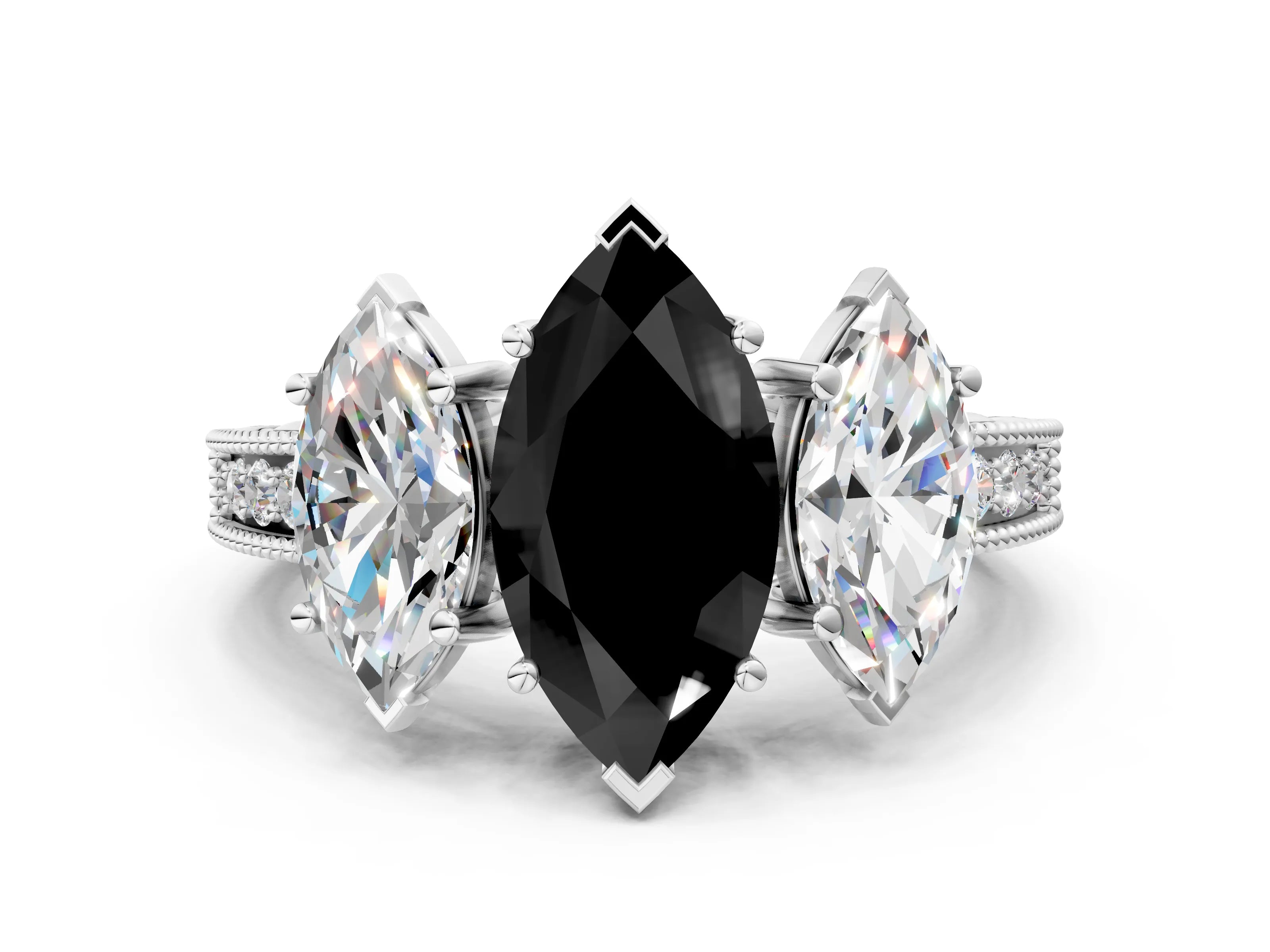 White gold Three-Stone Fancy Black Marquise Cut Cut Milgrain Pavé Engagement Ring