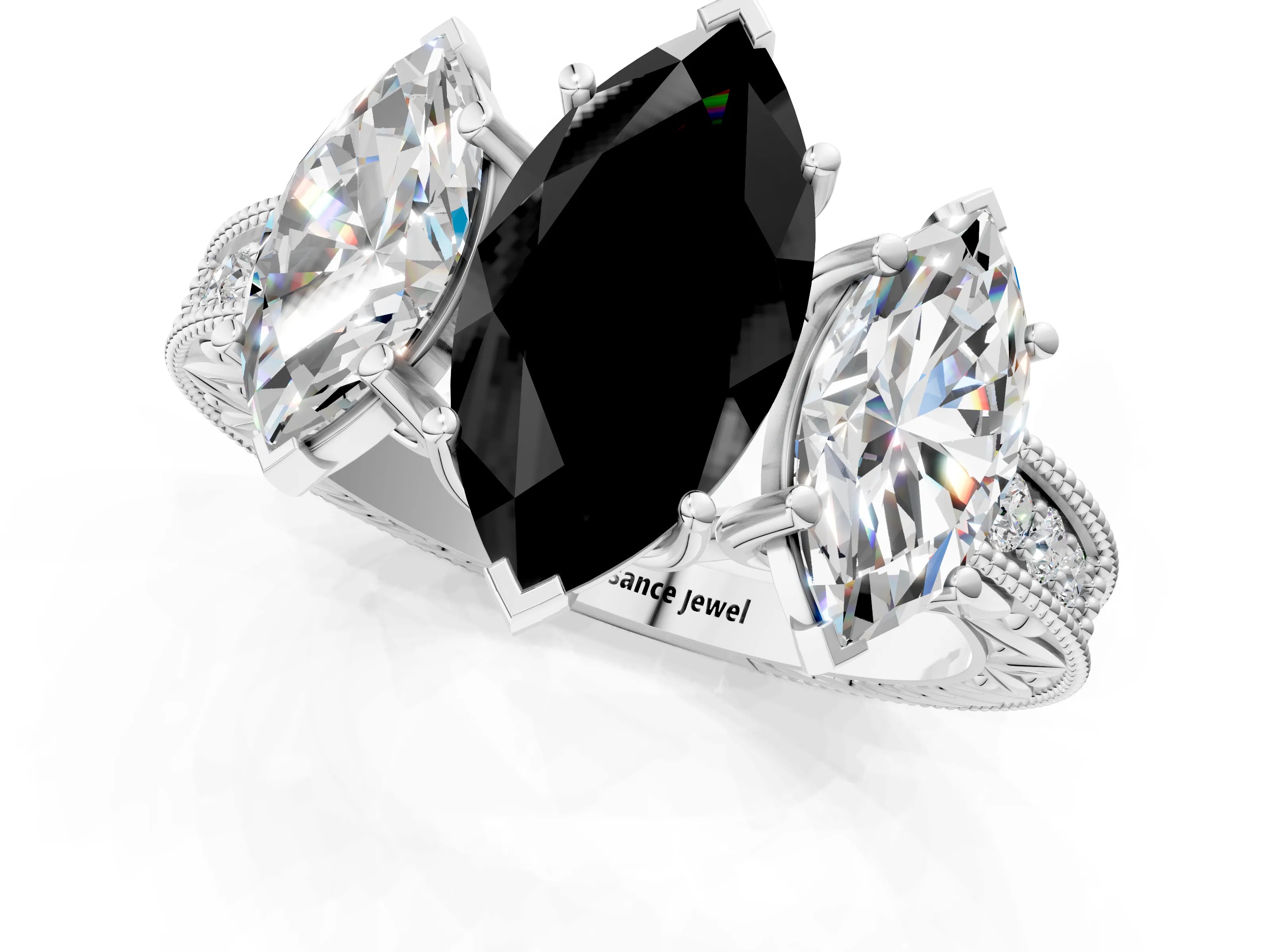 White gold Three-Stone Fancy Black Marquise Cut Cut Milgrain Pavé Engagement Ring_1
