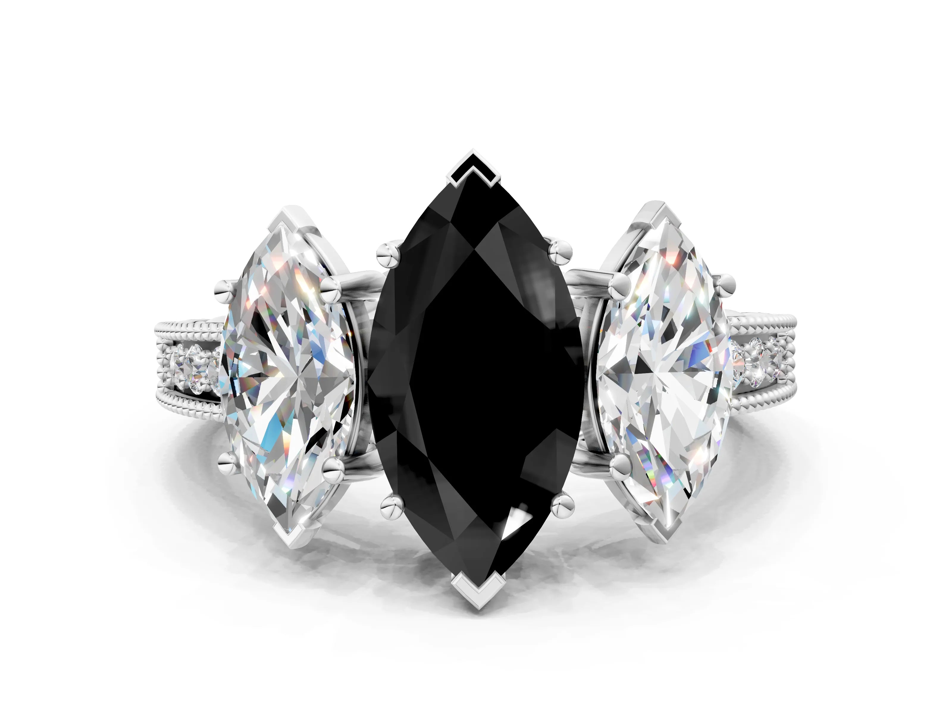 White gold Three-Stone Fancy Black Marquise Cut Cut Milgrain Pavé Engagement Ring_12