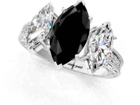White gold Three-Stone Fancy Black Marquise Cut Cut Milgrain Pavé Engagement Ring_1