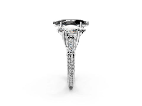 White gold Three-Stone Fancy Black Marquise Cut Cut Milgrain Pavé Engagement Ring_2