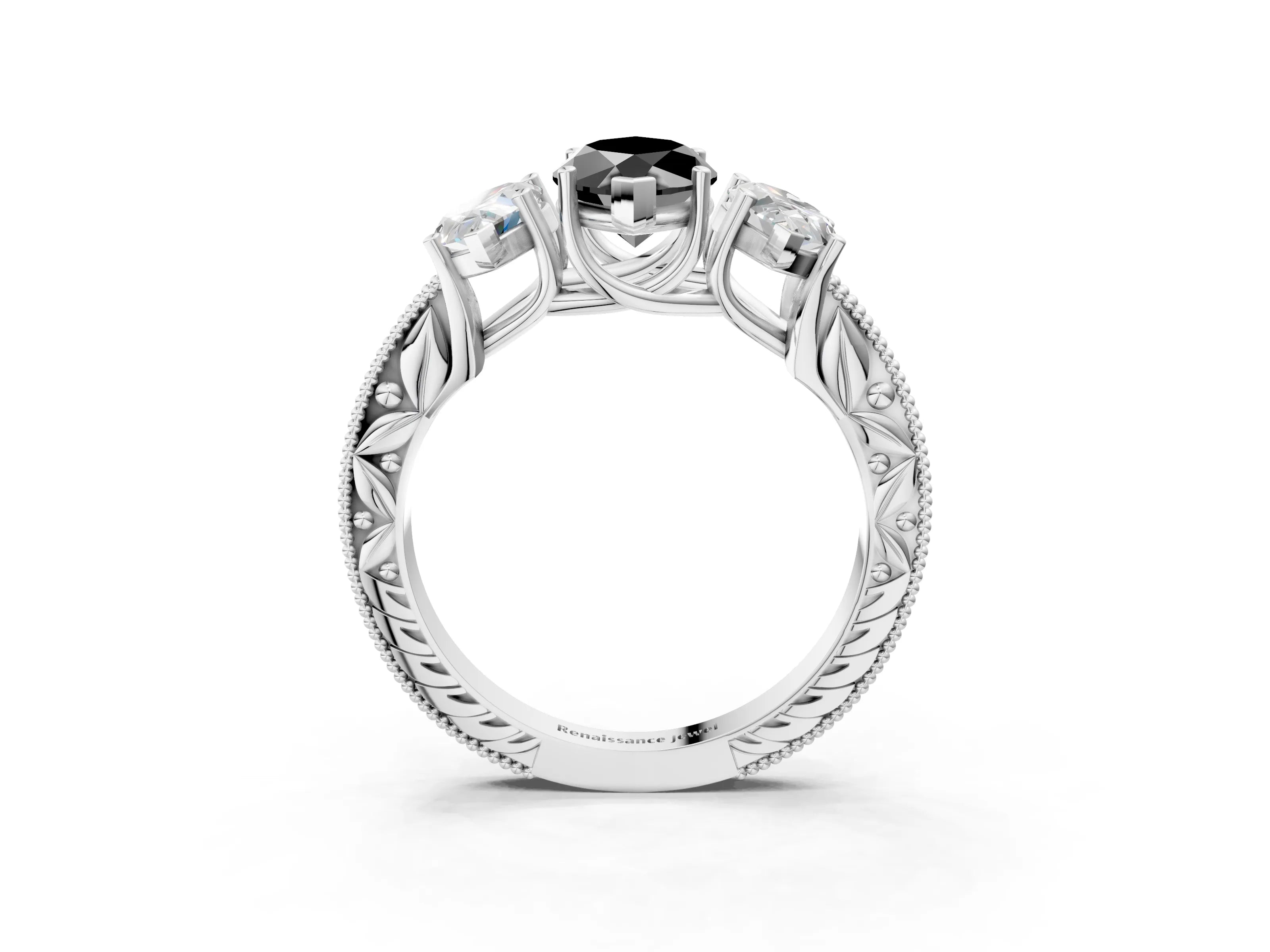 White gold Three-Stone Fancy Black Marquise Cut Cut Milgrain Pavé Engagement Ring_3