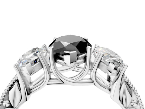 White gold Three-Stone Fancy Black Marquise Cut Cut Milgrain Pavé Engagement Ring_4