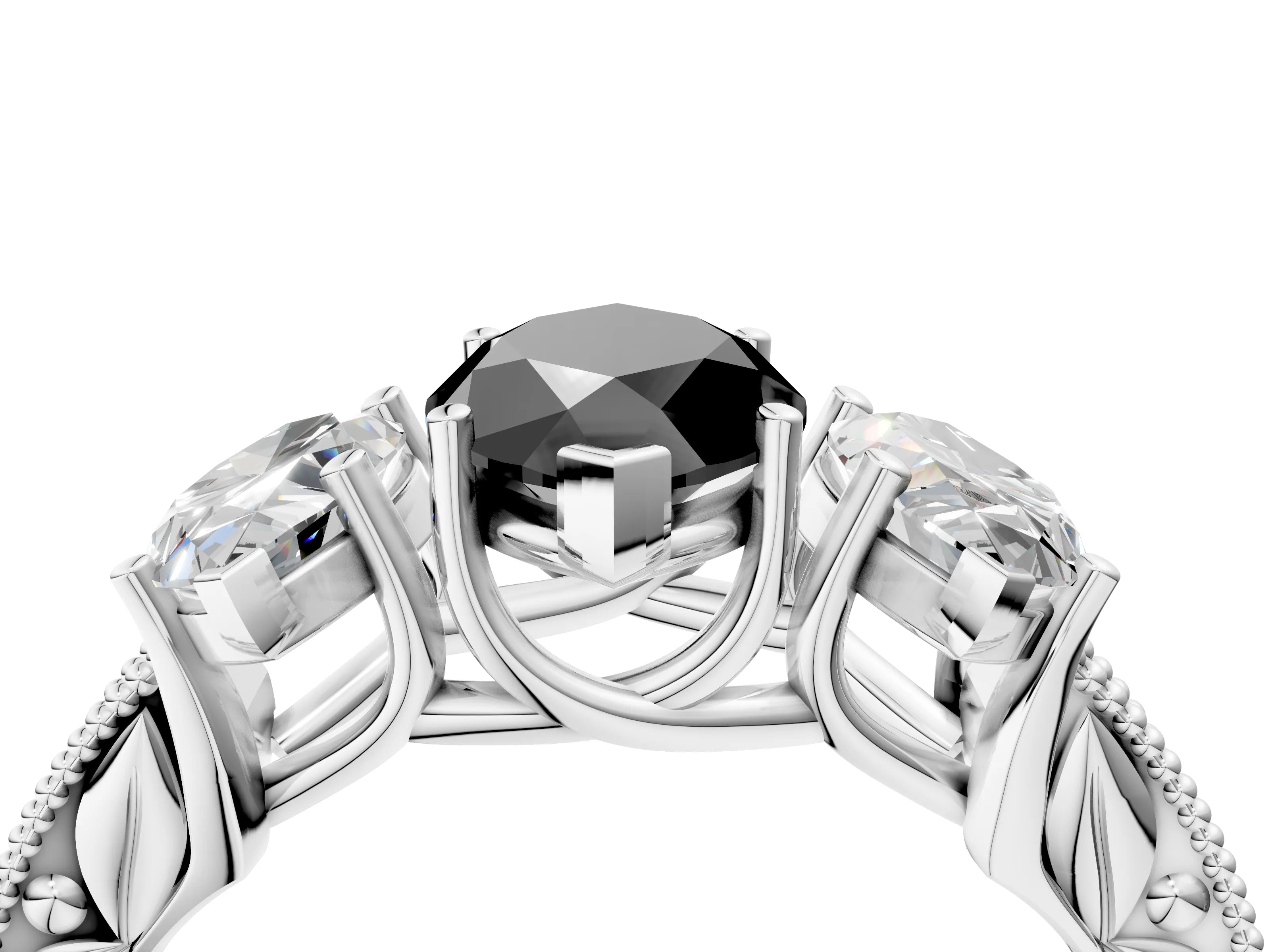 White gold Three-Stone Fancy Black Marquise Cut Cut Milgrain Pavé Engagement Ring_4