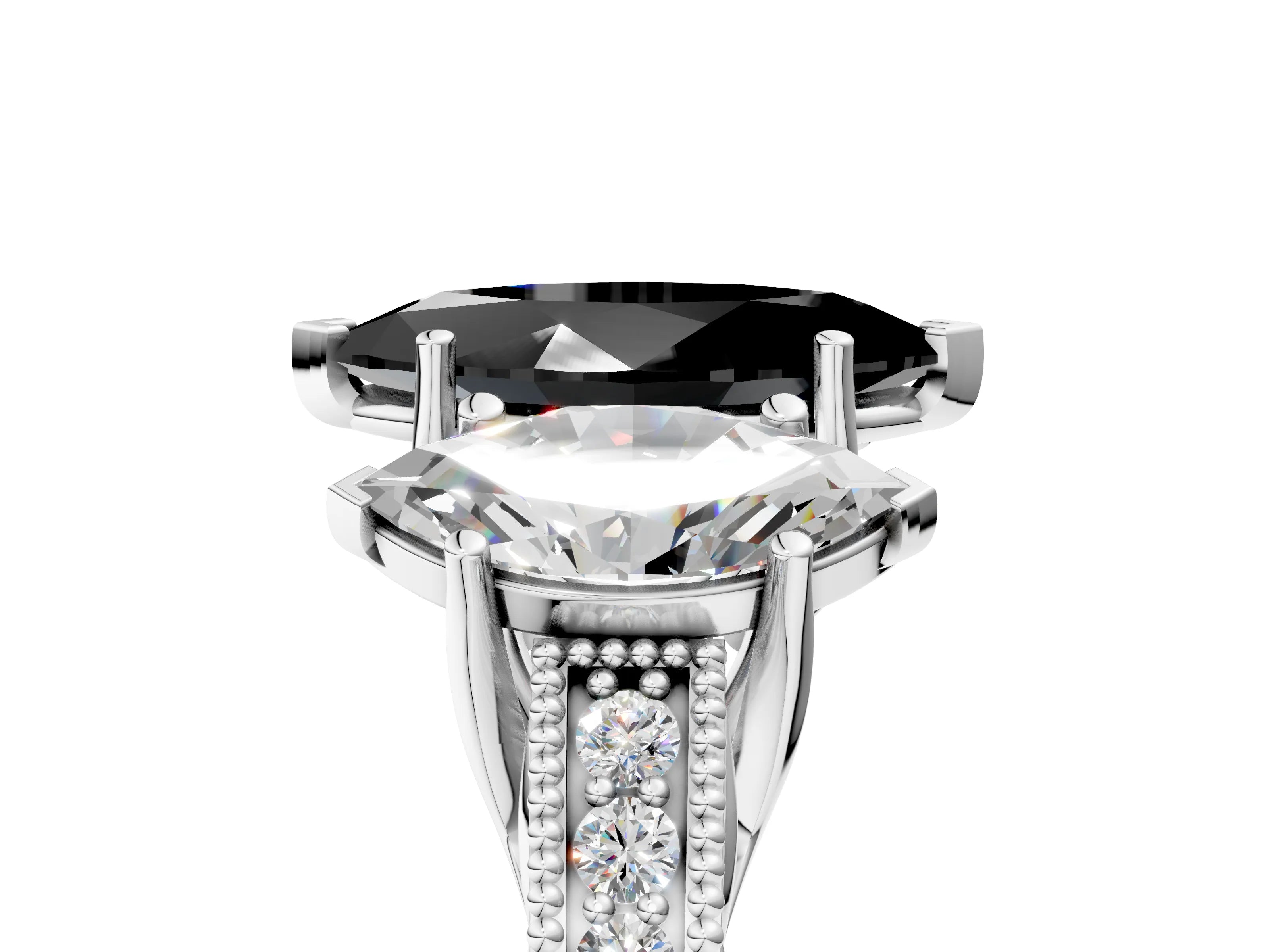 White gold Three-Stone Fancy Black Marquise Cut Cut Milgrain Pavé Engagement Ring_5