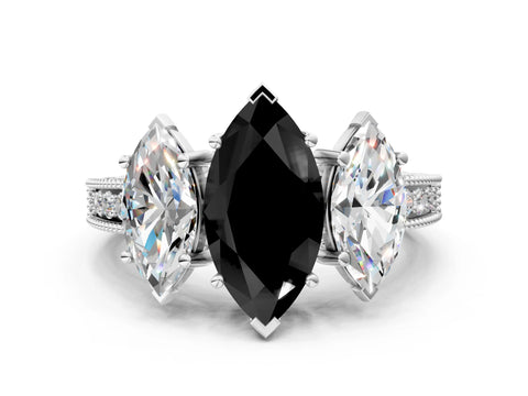 White gold Three-Stone Fancy Black Marquise Cut Cut Milgrain Pavé Engagement Ring