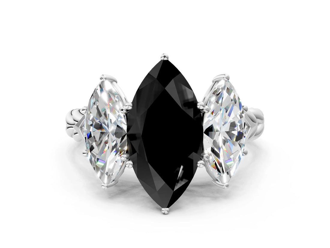 White gold Three-Stone Fancy Black Marquise Cut Diamond Braided Band Ring with Four-Prong Setting_12