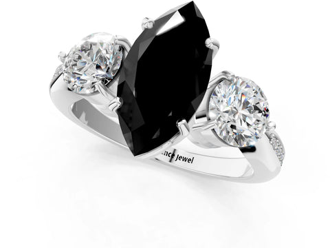 White gold Three-Stone Fancy Black Marquise Cut Diamond Channel Set Engagement Ring with Prong Setting_13