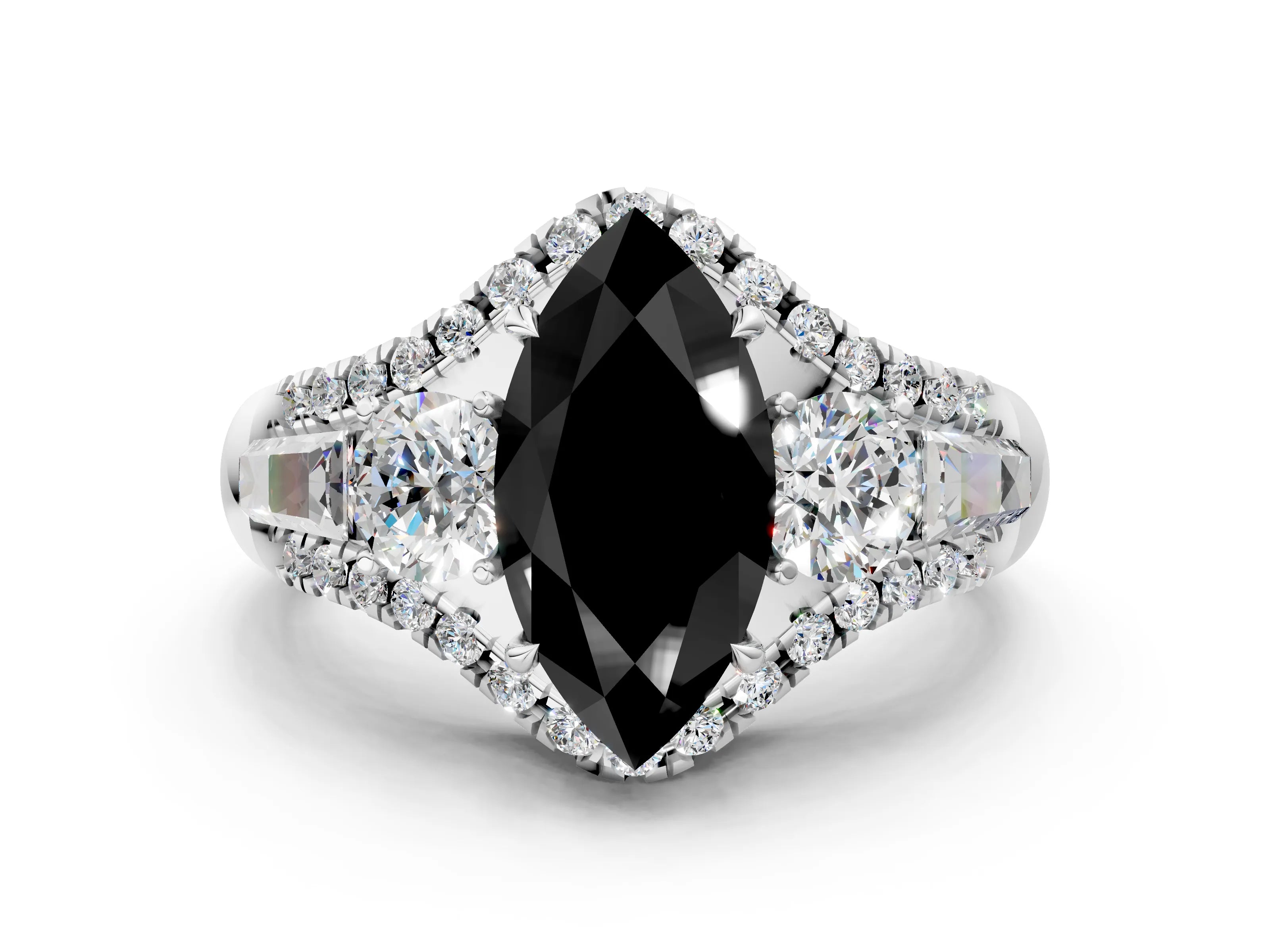 White gold Three-Stone Fancy Black Marquise Cut Diamond Engagement Ring with Pave Band and Prong Setting_12