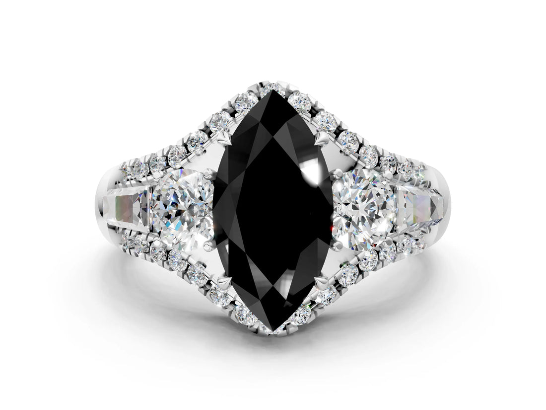 White gold Three-Stone Fancy Black Marquise Cut Diamond Engagement Ring with Pave Band and Prong Setting_12