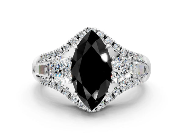 White Gold Marquise Five Stone Baguette Engagement Ring Setting for Black Center