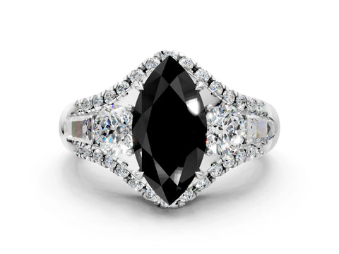 White gold Three-Stone Fancy Black Marquise Cut Diamond Engagement Ring with Pave Band and Prong Setting_12