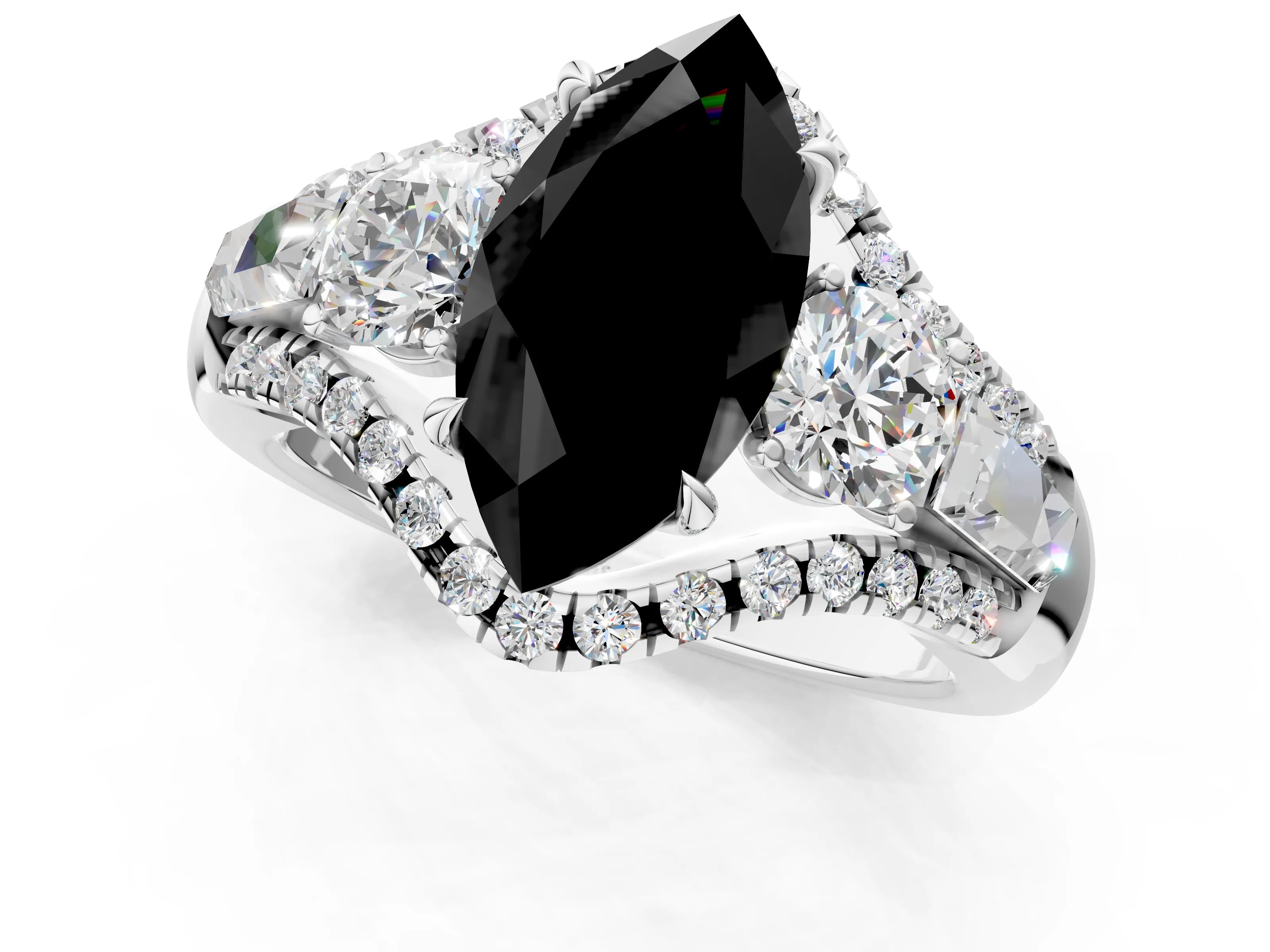White gold Three-Stone Fancy Black Marquise Cut Diamond Engagement Ring with Pave Band and Prong Setting_13