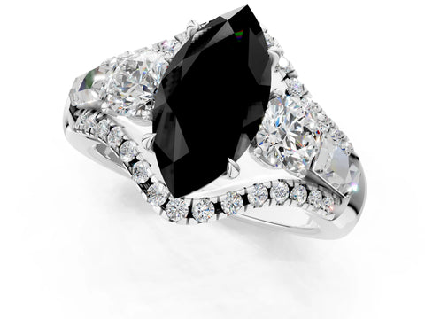 White gold Three-Stone Fancy Black Marquise Cut Diamond Engagement Ring with Pave Band and Prong Setting_13