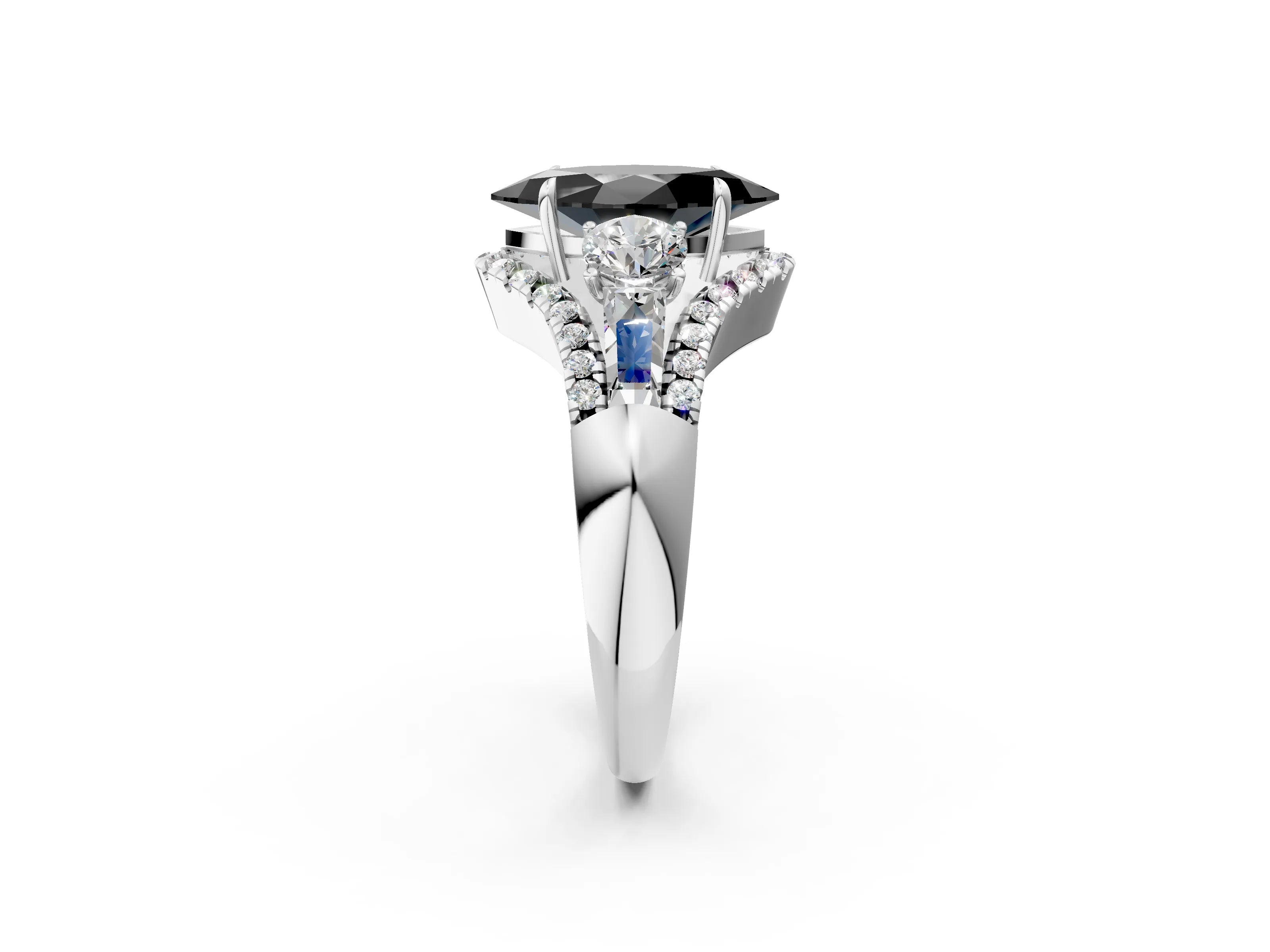 White gold Three-Stone Fancy Black Marquise Cut Diamond Engagement Ring with Pave Band and Prong Setting_14