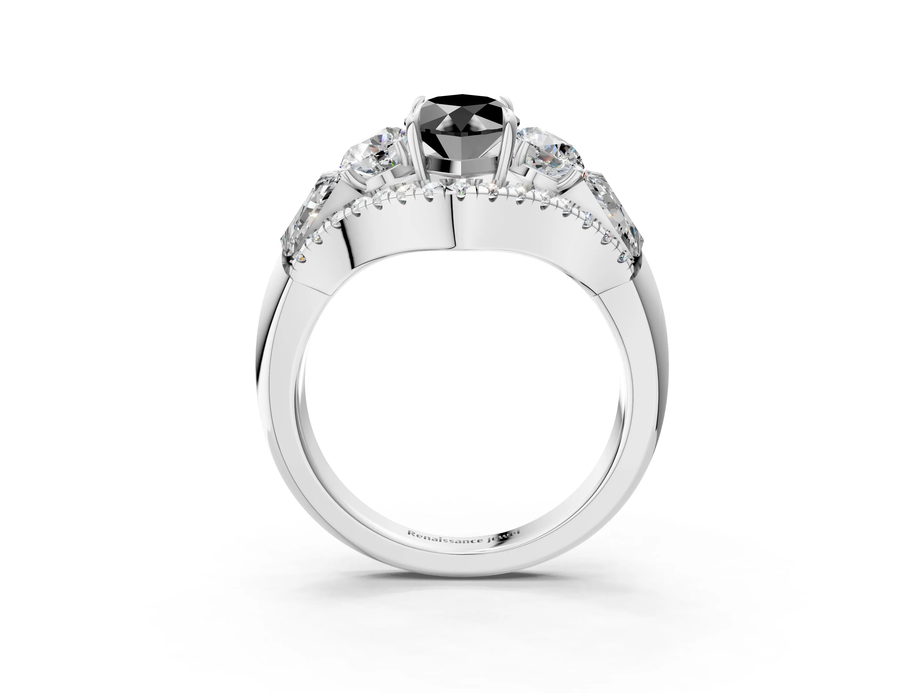 White gold Three-Stone Fancy Black Marquise Cut Diamond Engagement Ring with Pave Band and Prong Setting_15