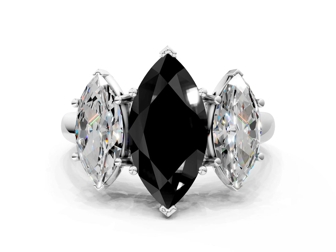 White gold Three-Stone Fancy Black Marquise Cut Diamond Engagement Ring with Prong Setting_15