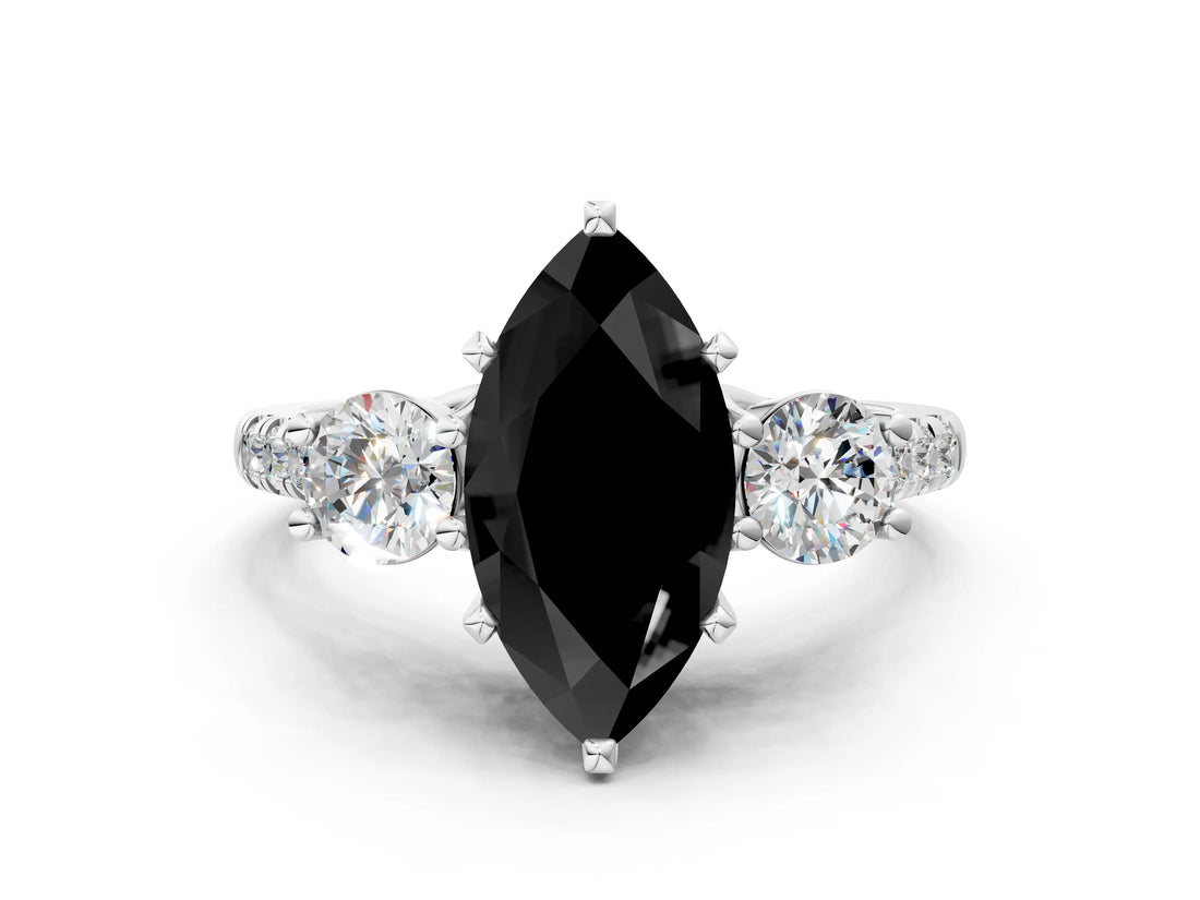 White gold Three-Stone Fancy Black Marquise Cut Diamond Pavé Band with Four-Prong Setting