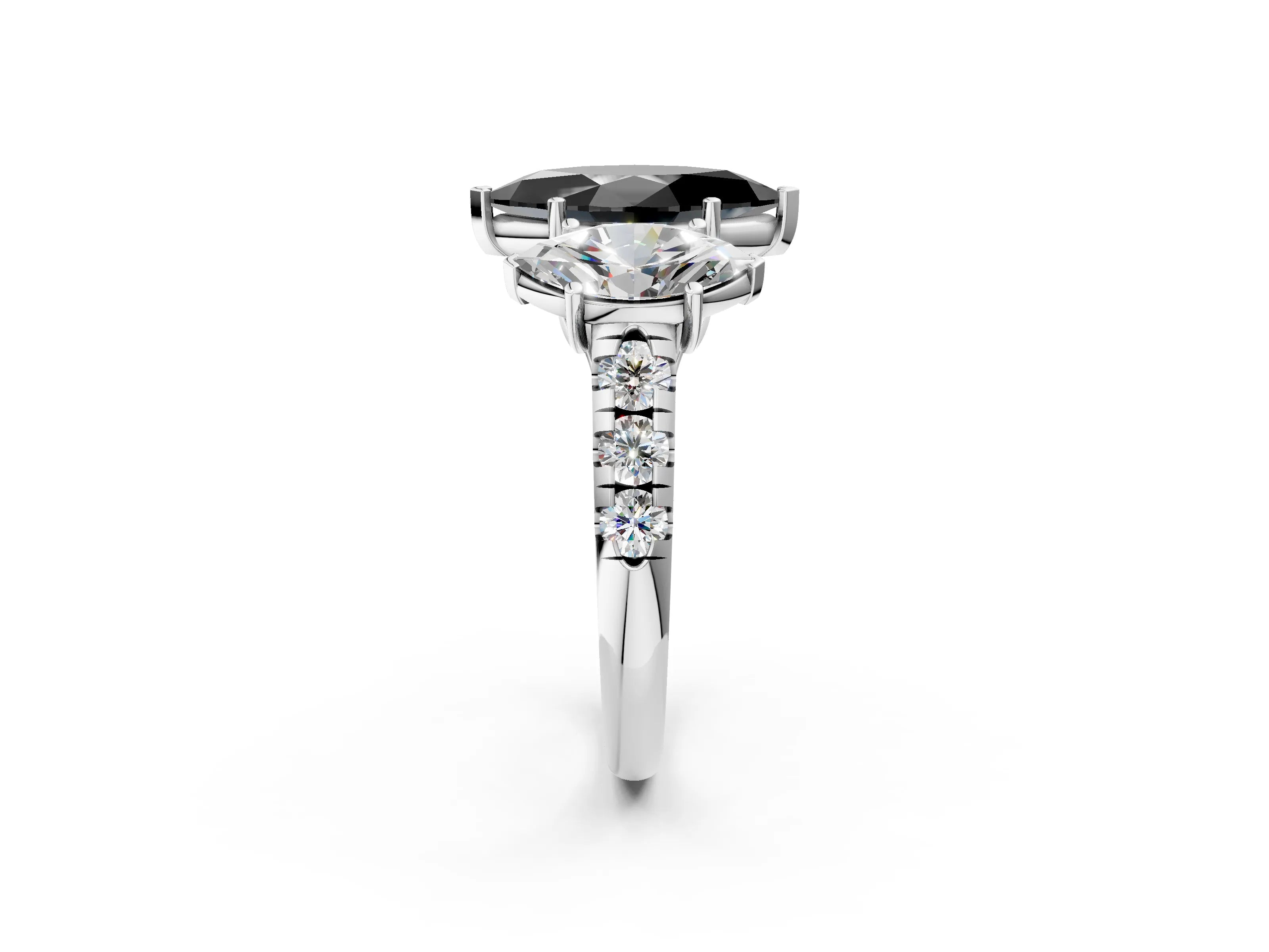 White gold Three-Stone Fancy Black Marquise Cut Diamond Pavé Band with Prong Setting_2