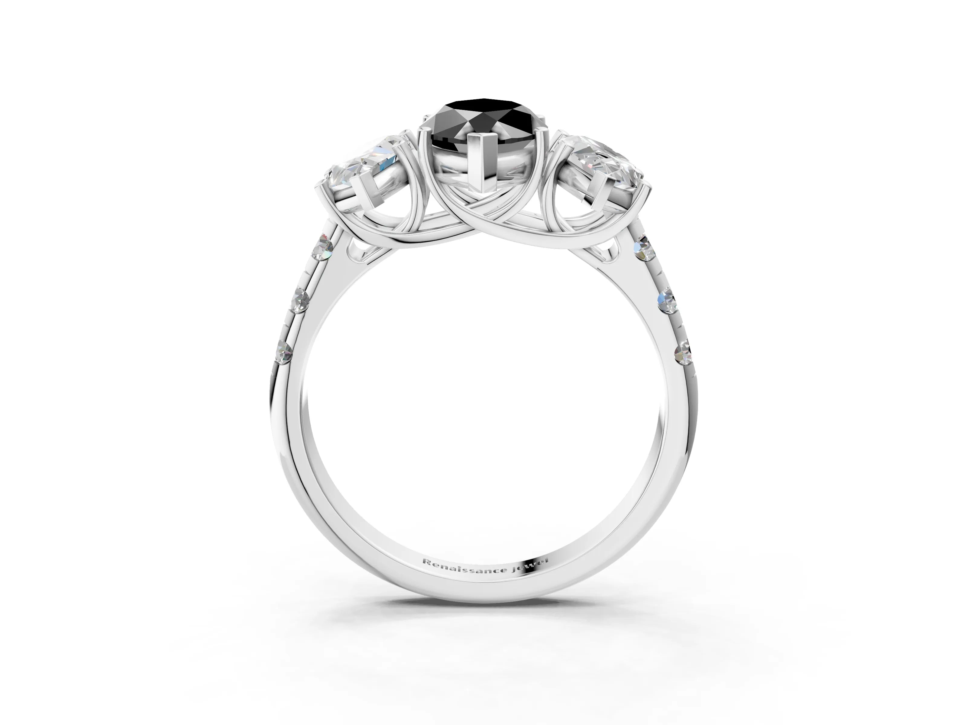 White gold Three-Stone Fancy Black Marquise Cut Diamond Pavé Band with Prong Setting_3