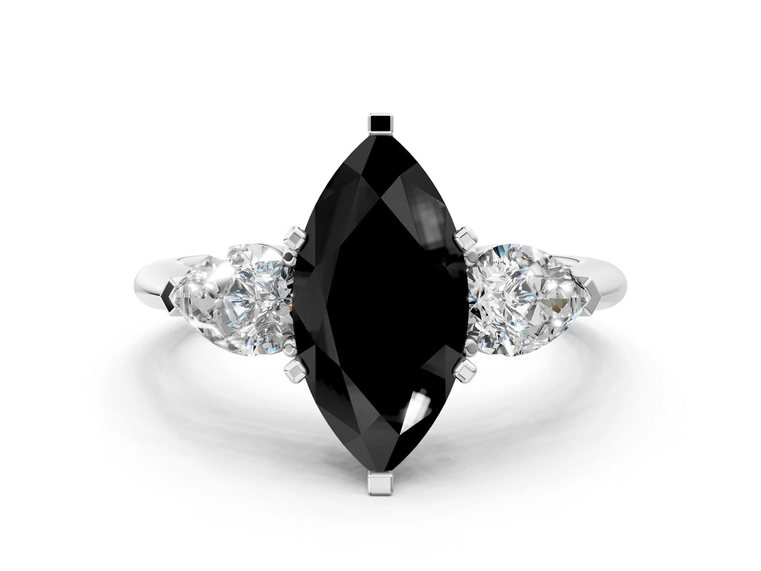 White gold Three-Stone Fancy Black Marquise Cut Diamond Ring with Pear Side Stones and Four-Prong Setting