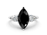 White gold Three-Stone Fancy Black Marquise Cut Diamond Ring with Pear Side Stones and Four-Prong Setting