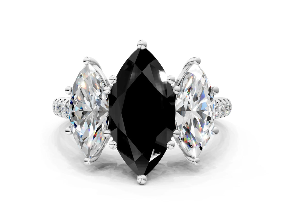 White gold Three-Stone Fancy Black Marquise Cut Diamond Ring with Round  Pavé Band and Prong Setting_132