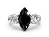 White gold Three-Stone Fancy Black Marquise Cut Diamond Ring with Round Side Stones, Classic Band, and Four-Prong Setting_24