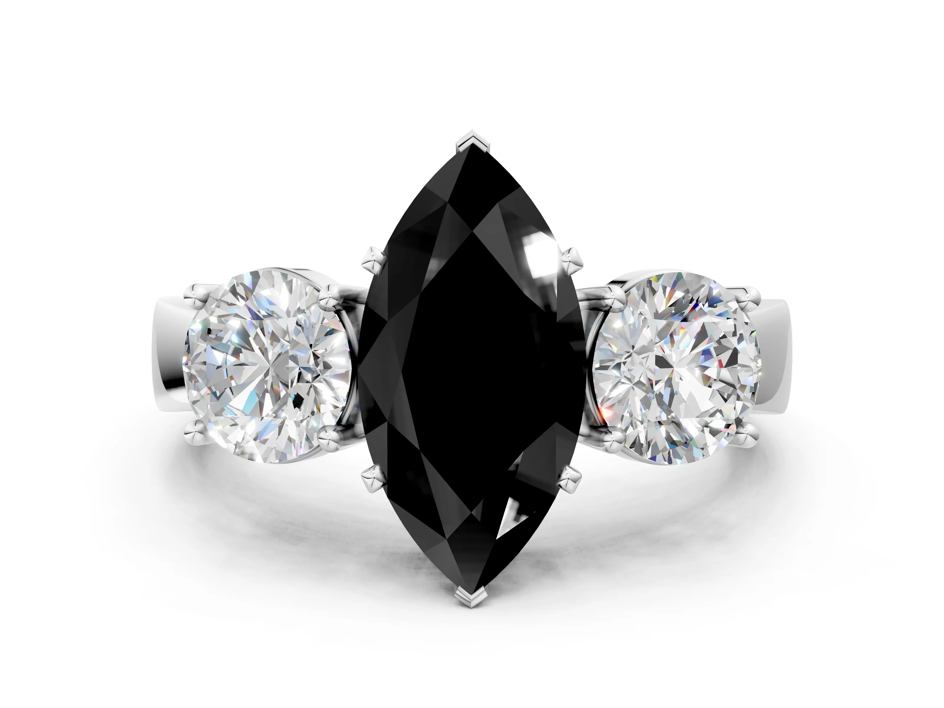 White gold Three-Stone Fancy Black Marquise Cut Diamond Ring with Round Side Stones, Classic Band, and Four-Prong Setting_24