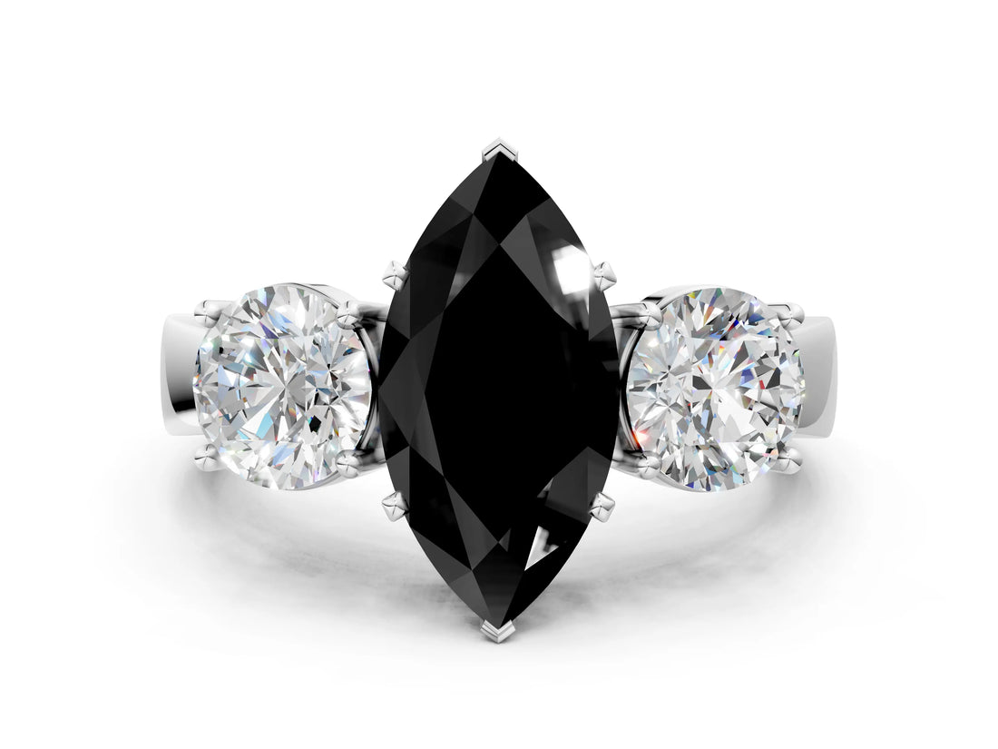 White gold Three-Stone Fancy Black Marquise Cut Diamond Ring with Round Side Stones, Classic Band, and Four-Prong Setting_24