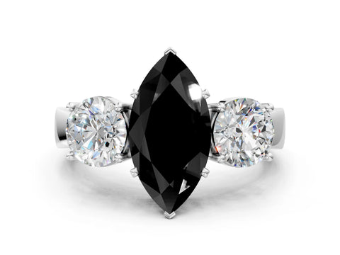White gold Three-Stone Fancy Black Marquise Cut Diamond Ring with Round Side Stones, Classic Band, and Four-Prong Setting_24