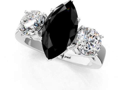White gold Three-Stone Fancy Black Marquise Cut Diamond Ring with Round Side Stones, Classic Band, and Four-Prong Setting_25