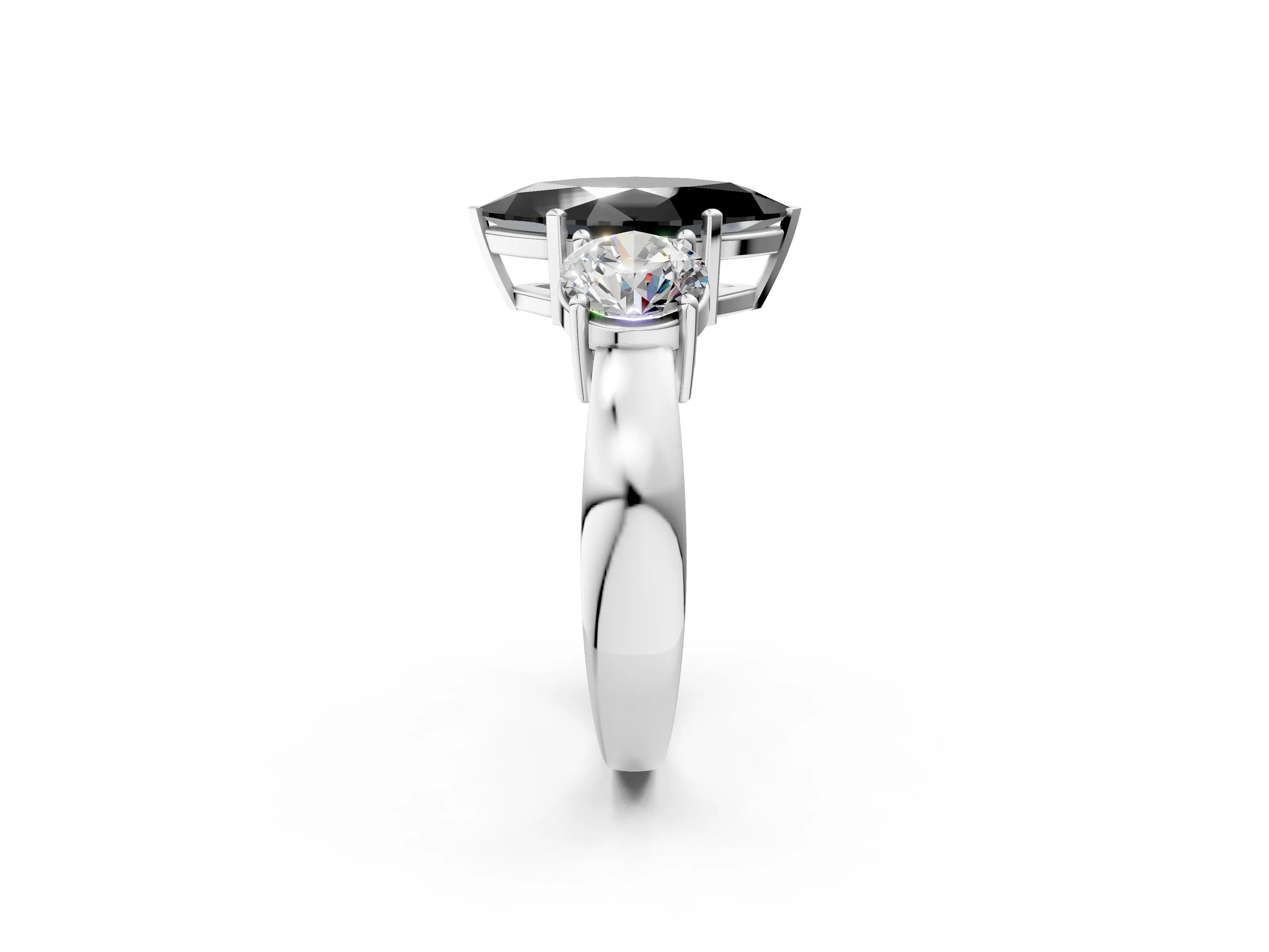 White gold Three-Stone Fancy Black Marquise Cut Diamond Ring with Round Side Stones, Classic Band, and Four-Prong Setting_26