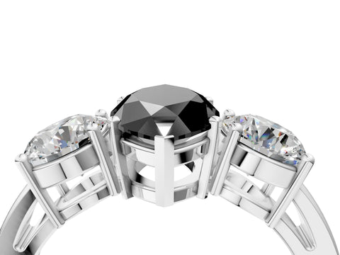White gold Three-Stone Fancy Black Marquise Cut Diamond Ring with Round Side Stones, Classic Band, and Four-Prong Setting_28