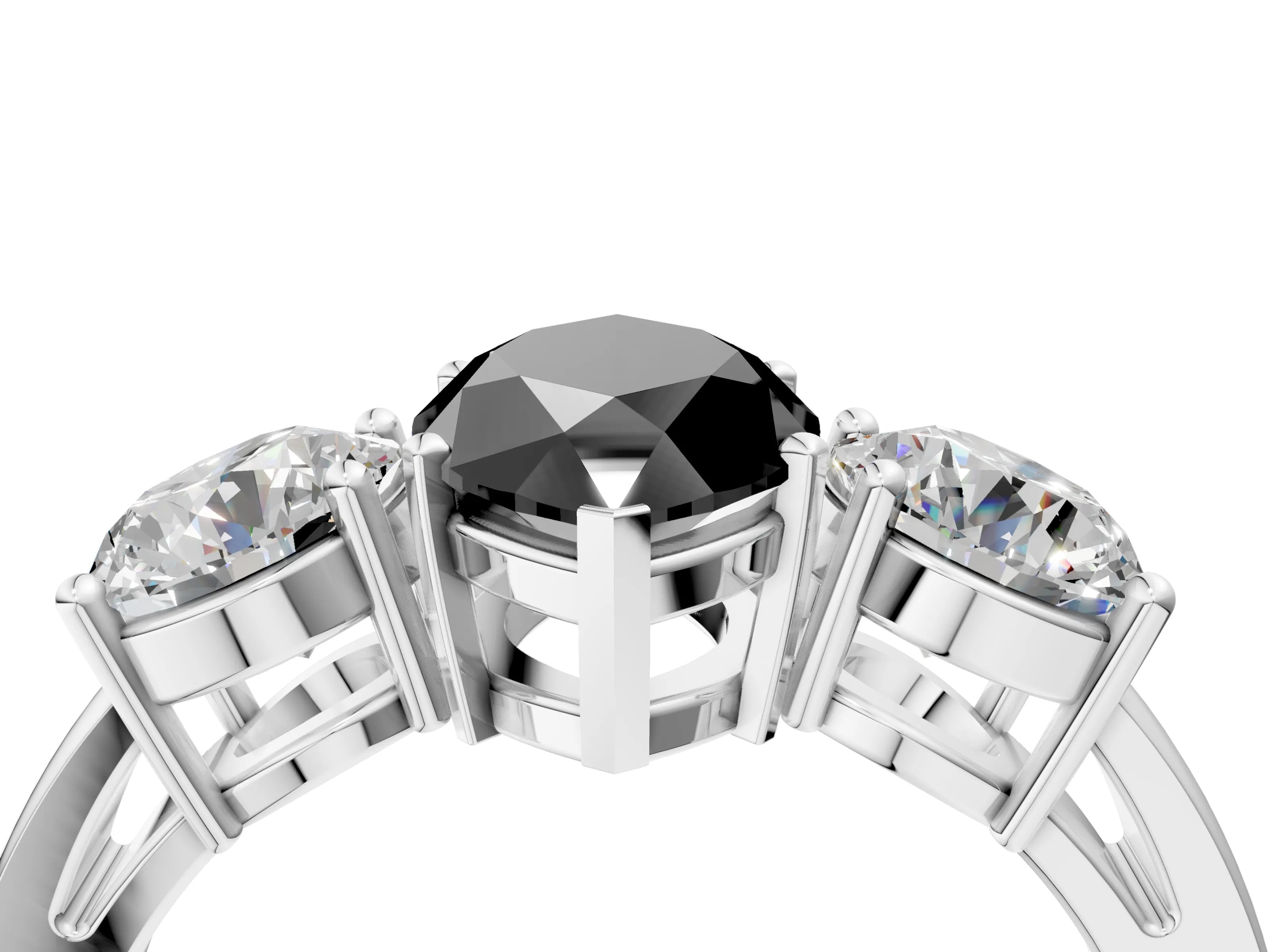 White gold Three-Stone Fancy Black Marquise Cut Diamond Ring with Round Side Stones, Classic Band, and Four-Prong Setting_28