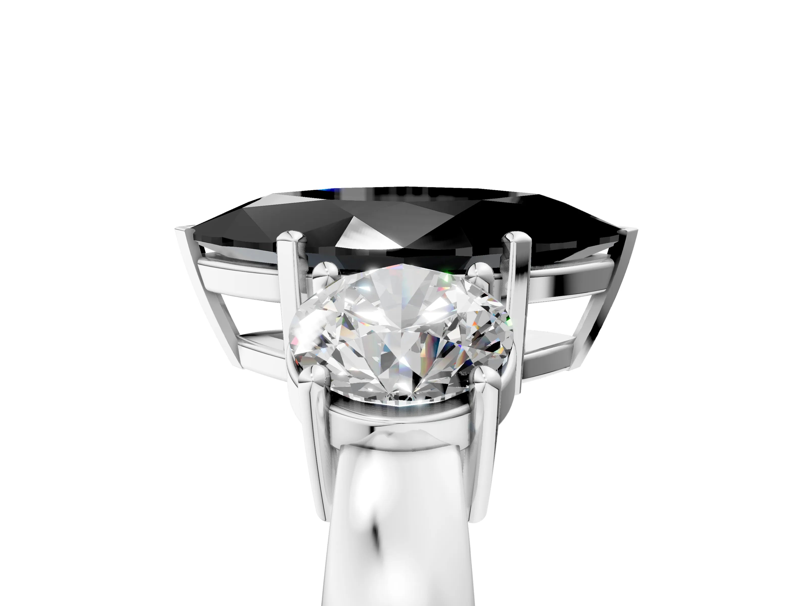 White gold Three-Stone Fancy Black Marquise Cut Diamond Ring with Round Side Stones, Classic Band, and Four-Prong Setting_29