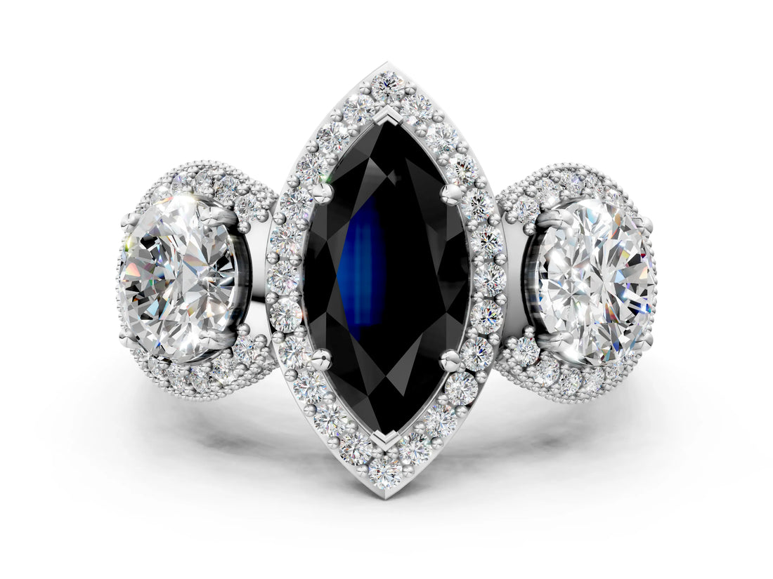 White gold Three-Stone Fancy Black Marquise Cut Halo Diamond Milgrain Band with Four-Prong Setting