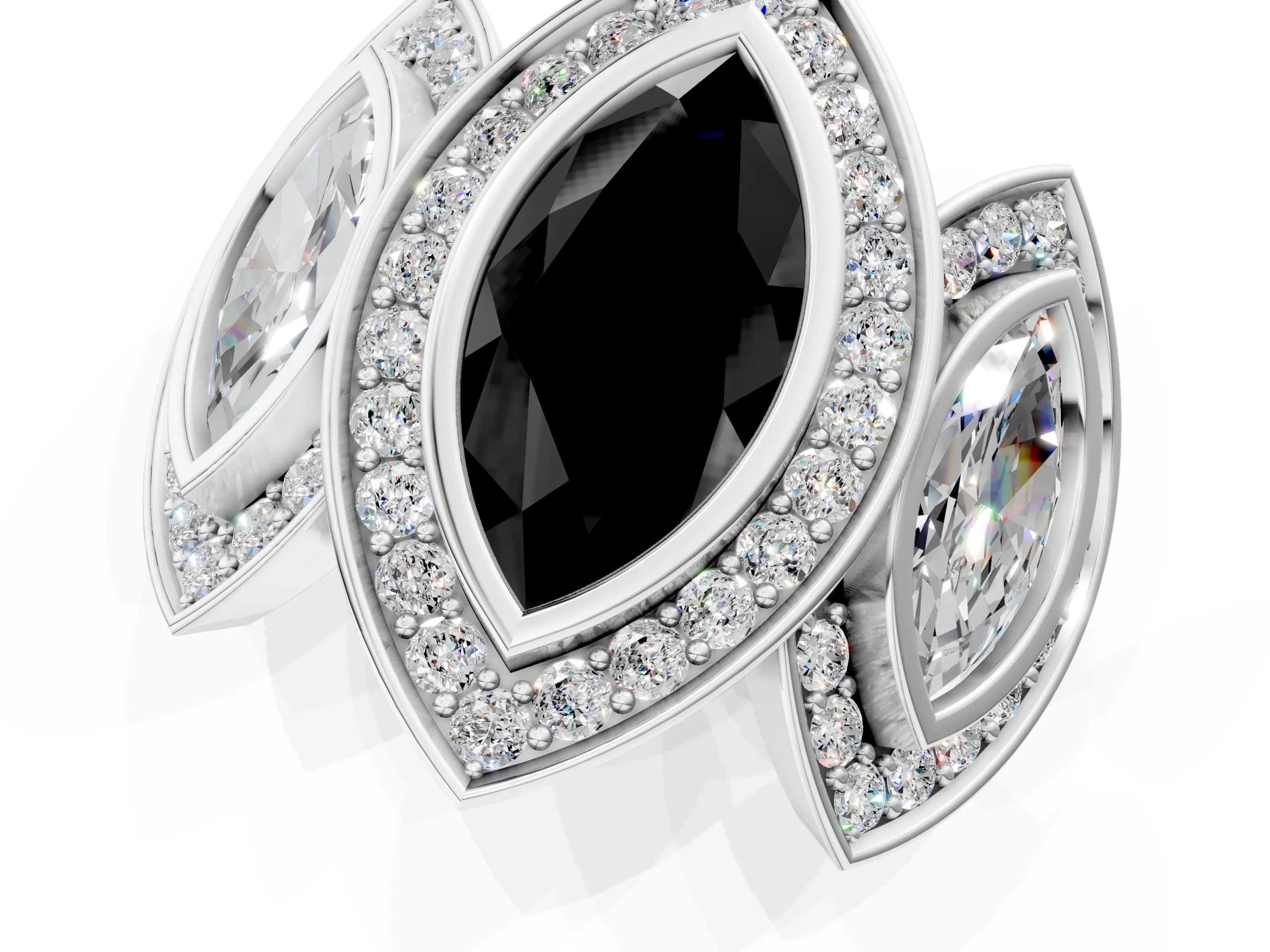 White gold Three-Stone Fancy Black Marquise Cut Halo Pavé Diamond Ring_1