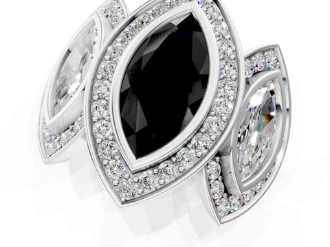 White gold Three-Stone Fancy Black Marquise Cut Halo Pavé Diamond Ring_1
