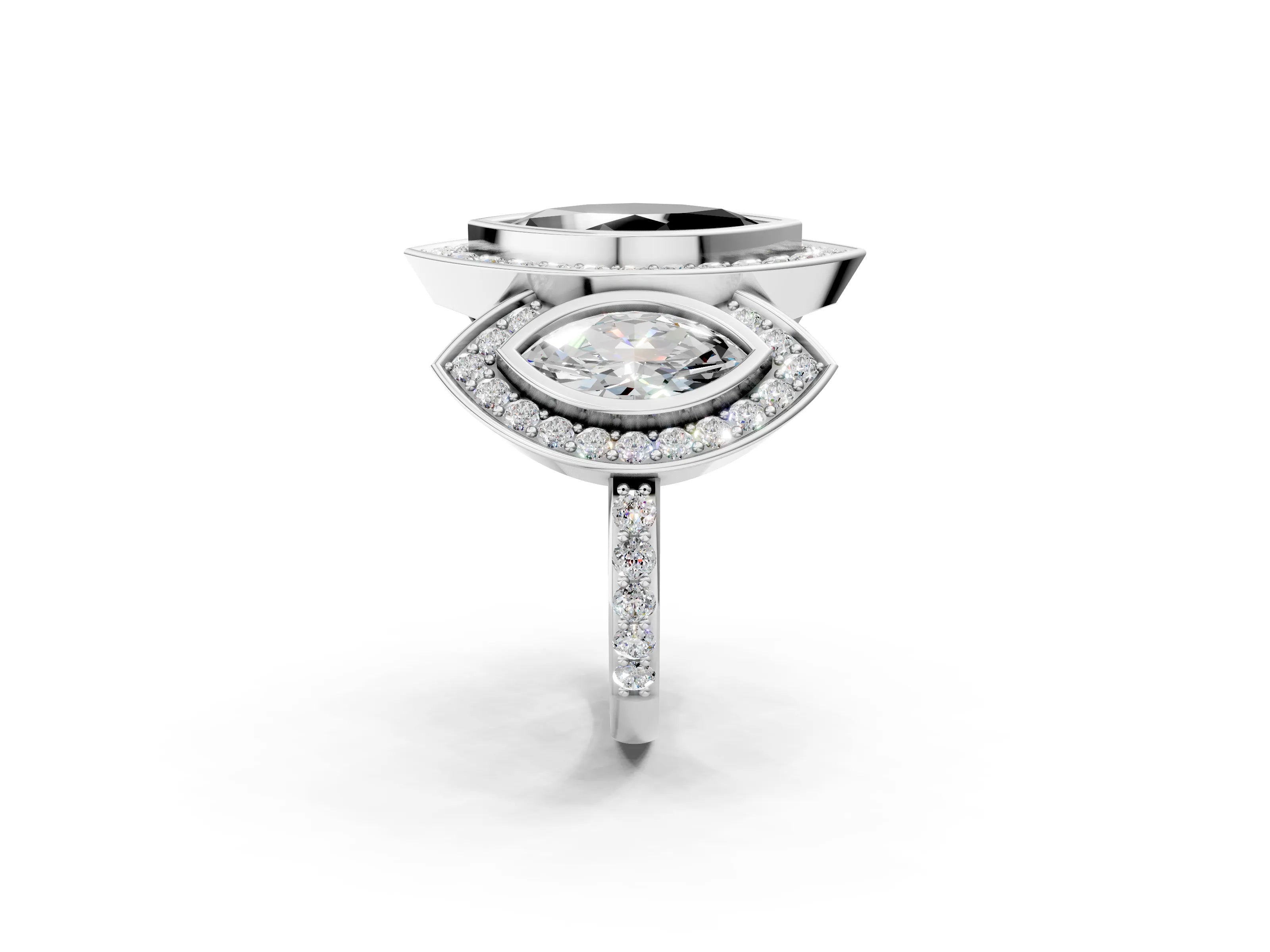 White gold Three-Stone Fancy Black Marquise Cut Halo Pavé Diamond Ring_2