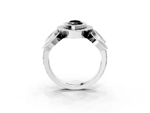 White gold Three-Stone Fancy Black Marquise Cut Halo Pavé Diamond Ring_3