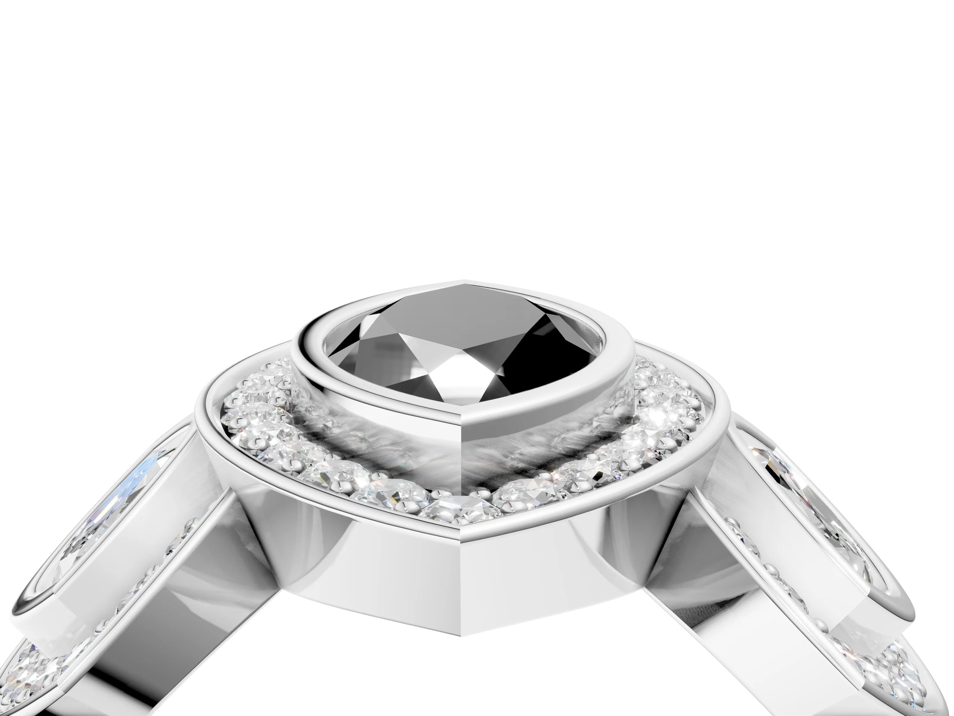 White gold Three-Stone Fancy Black Marquise Cut Halo Pavé Diamond Ring_4