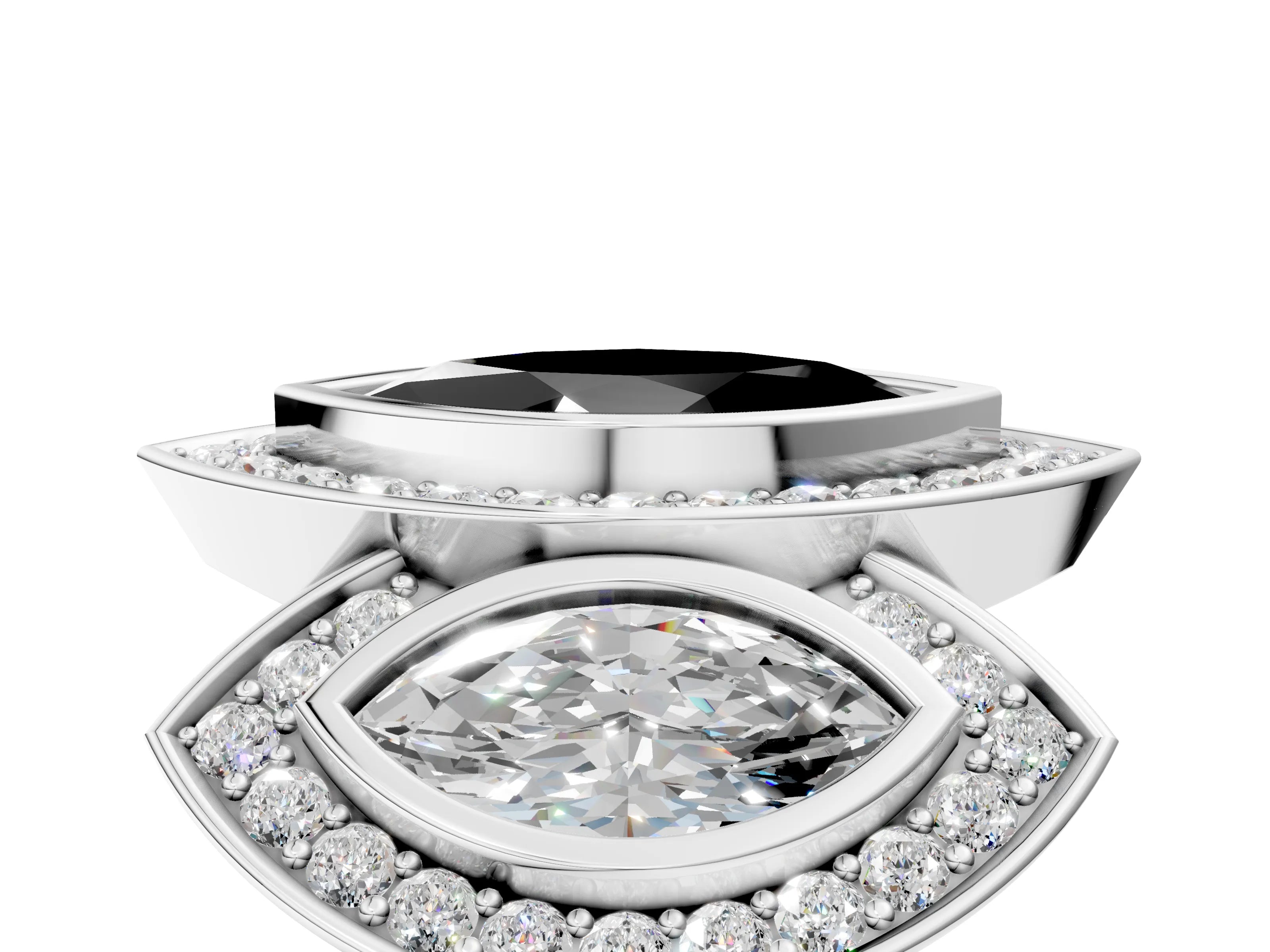 White gold Three-Stone Fancy Black Marquise Cut Halo Pavé Diamond Ring_5
