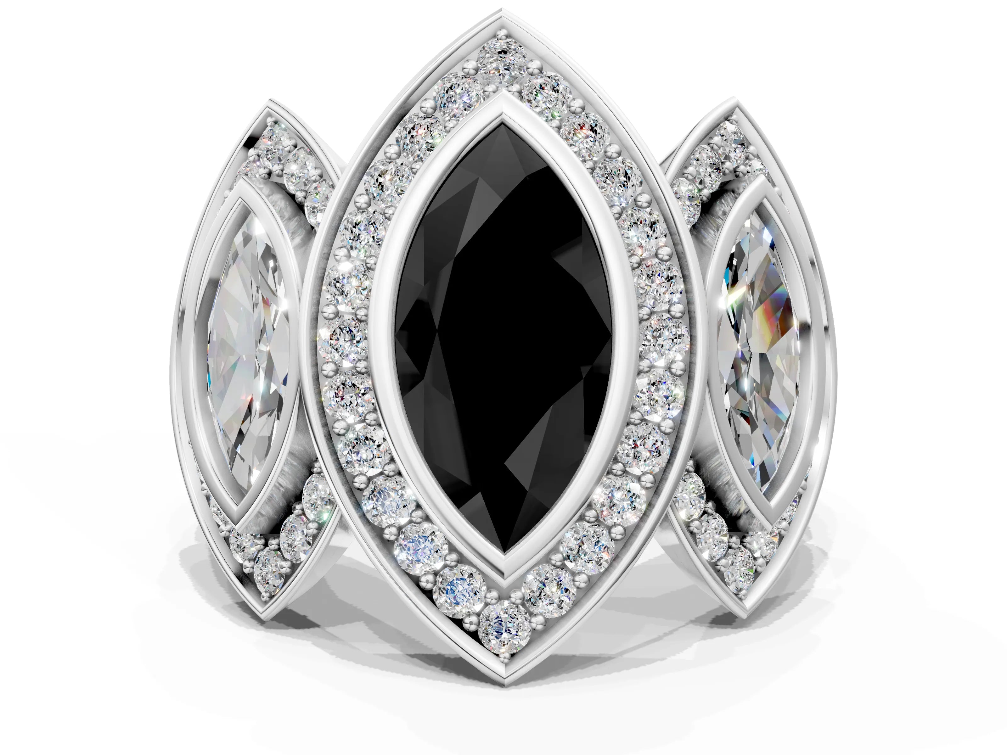 White gold Three-Stone Fancy Black Marquise Cut Halo Pavé Diamond Ring