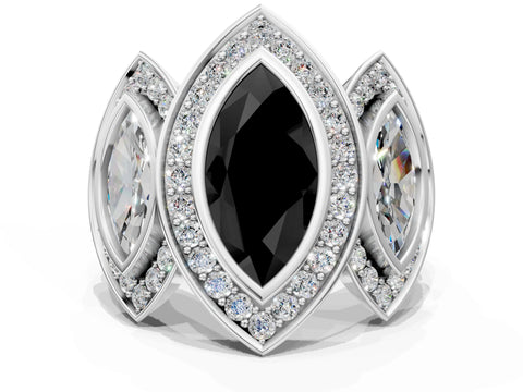 White gold Three-Stone Fancy Black Marquise Cut Halo Pavé Diamond Ring